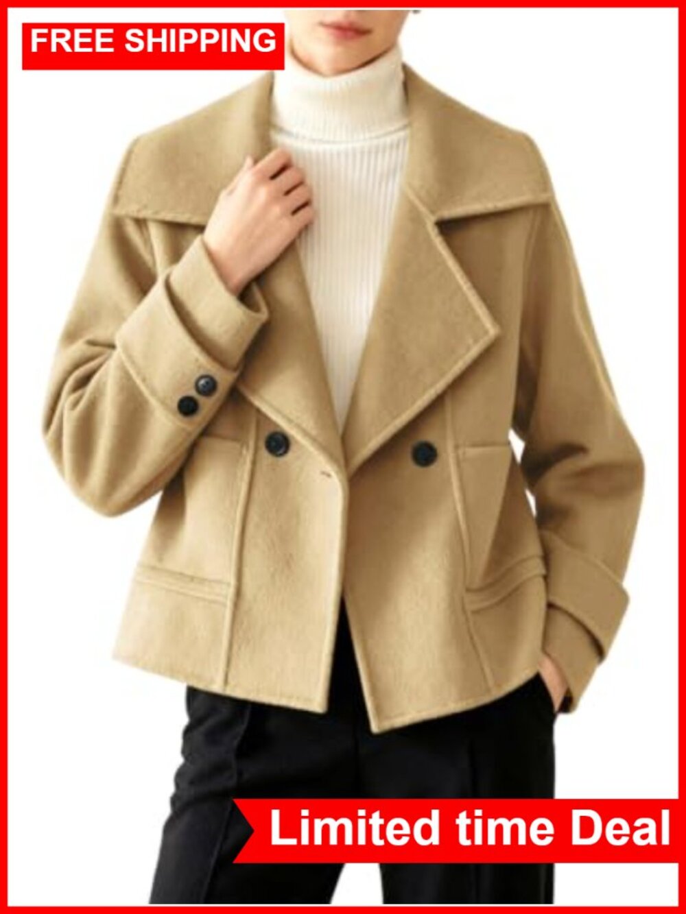 Womens Cropped Wool Blend Pea Coat Notched Lapel Button Pockets Work